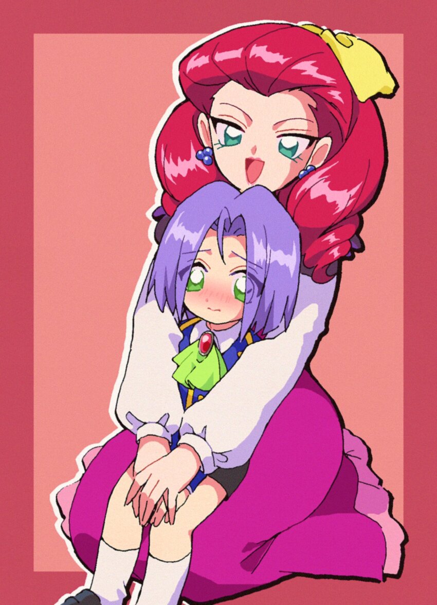 1boy, 1girl, :d, aged_down, ascot, blue_hair, blue_jacket, blush