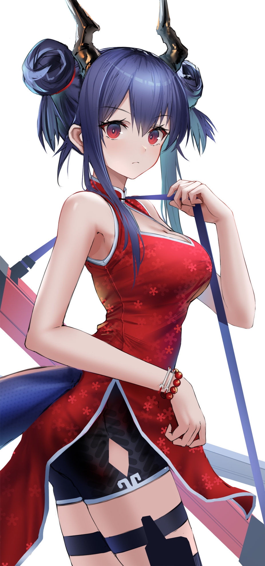 1girl, arknights, bare_shoulders, bead_bracelet, beads, black_shorts, blue_hair, bracelet