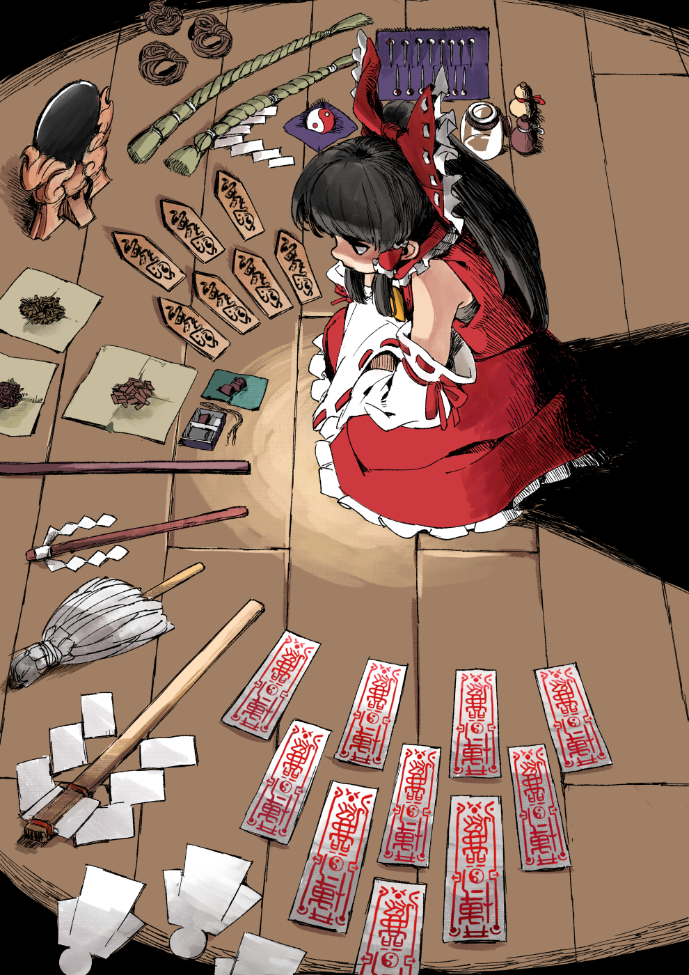 1girl, ascot, black_hair, bow, detached_sleeves, equipment_layout, frilled_bow, frilled_hair_tubes, frills, gohei, hair_bow, hair_tubes, hakurei_reimu, highres, indoors, jar, kneeling, ofuda, ponytail, red_bow, red_skirt, ribbon-trimmed_sleeves, ribbon_trim, rightorisamraido3, skirt, skirt_set, solo, touhou, yellow_ascot, yin_yang