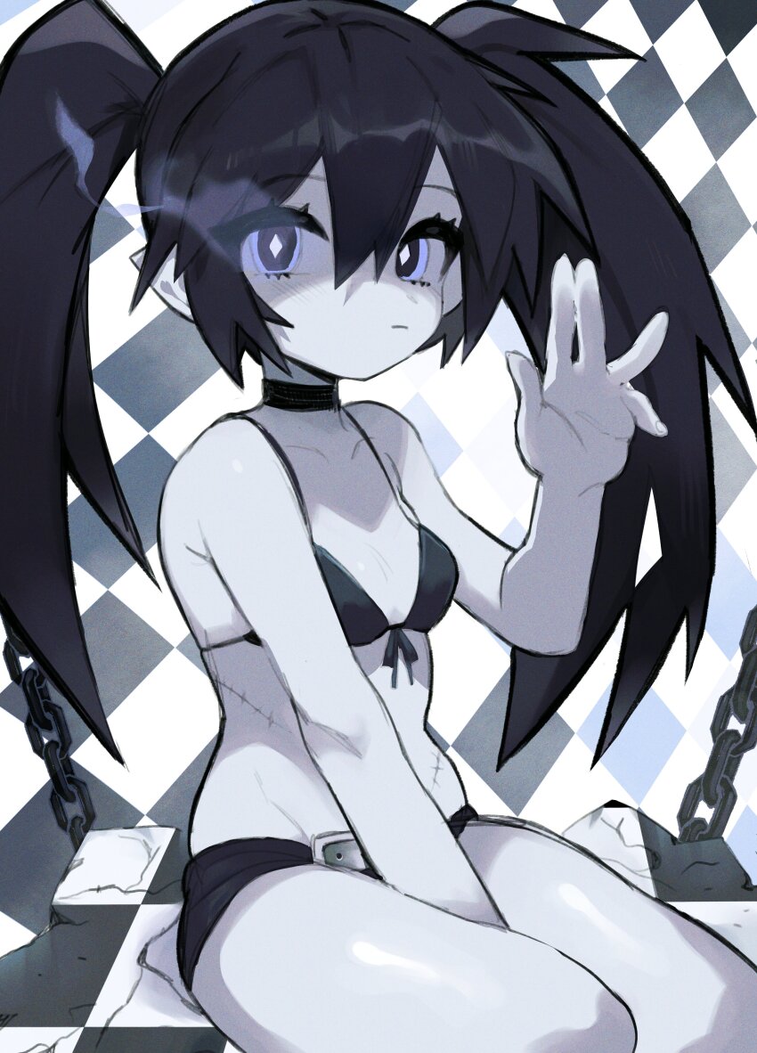 1girl, absurdres, belt_buckle, between_legs, bikini, bikini_top_only, black_choker, black_hair, black_rock_shooter, black_rock_shooter_(character), black_shorts, blue_eyes, blue_fire, buckle, chain, chessboard, choker, fire, flaming_eye, glowing, glowing_eye, grizzace, hair_between_eyes, hand_between_legs, hand_up, highres, long_hair, looking_at_viewer, pale_skin, pointy_ears, seiza, shorts, sitting, solo, stitches, swimsuit, twintails, uneven_twintails