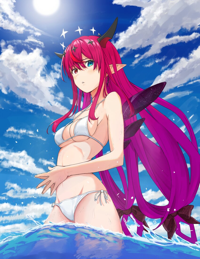 1girl, absurdres, alternate_costume, bikini, blue_eyes, blue_sky, blush, bow