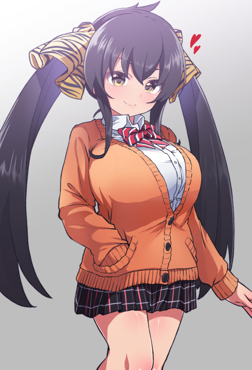 1girl, absurdres, ahoge, alternate_breast_size_(larger), animal_print, black_hair, black_skirt, bow