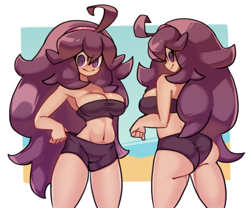 1girl, @_@, ahoge, alternate_breast_size_(larger), alternate_costume, ass, bandeau, border, breasts, cleavage, closed_mouth, commentary, cowboy_shot, curly_hair, hair_between_eyes, hairband, hex_maniac_(pokemon), hex_maniac_(pokemon_xy), kurt_robinson, large_breasts, long_hair, looking_down, midriff, multiple_views, navel, nintendo, pokemon, pokemon_x_and_y, purple_eyes, purple_hair, shorts, shorts_tug, smile, white_border