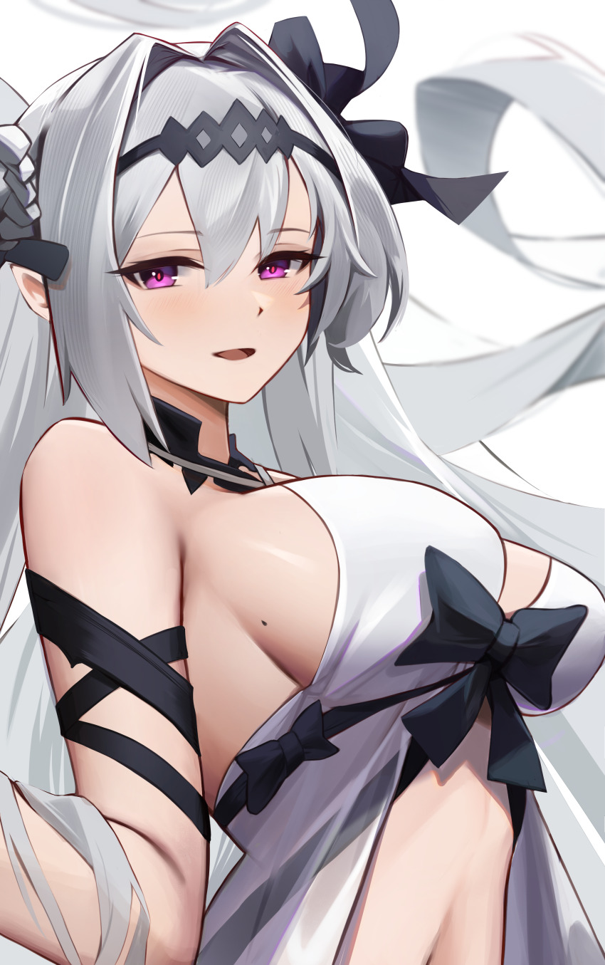 1girl, absurdres, azur_lane, bare_shoulders, black_hairband, black_ribbon, breasts, commission, from_side, grey_hair, hair_between_eyes, hair_intakes, hair_ornament, hairband, highres, large_breasts, light_blush, long_hair, looking_at_viewer, masamura_(masamura_eliza), mole, mole_on_breast, navel, open_mouth, purple_eyes, ribbon, second-party_source, see-through_clothes, sideboob, siren_(azur_lane), arbiter_the_empress_iii_(azur_lane), sleeveless, smile, solo, upper_body