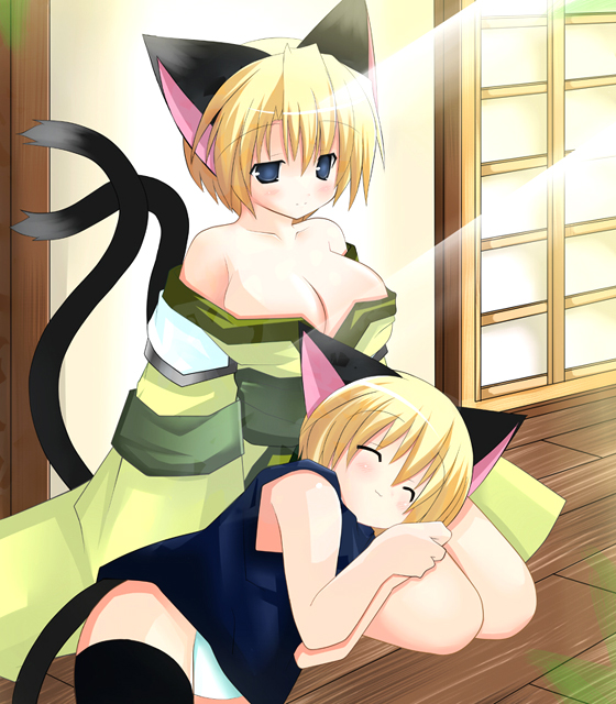 2girls, animal_ears, bare_shoulders, blonde_hair, blue_eyes, breasts, cat_ears, cat_tail