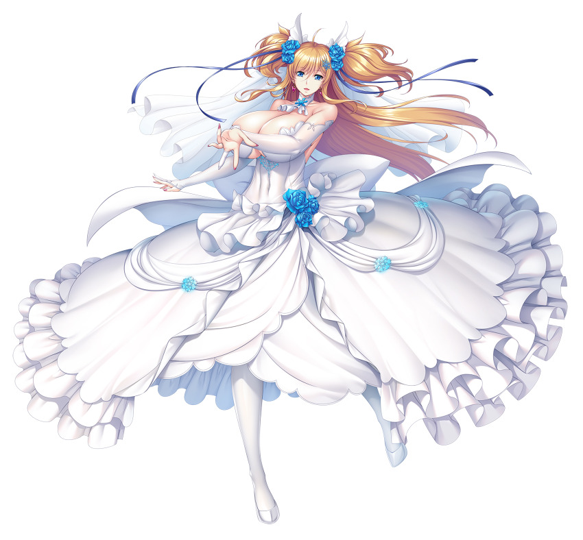 1girl, absurdres, alternate_costume, aoi_nagisa_(metalder), blonde_hair, blue_eyes, breasts, bridal_bouquet