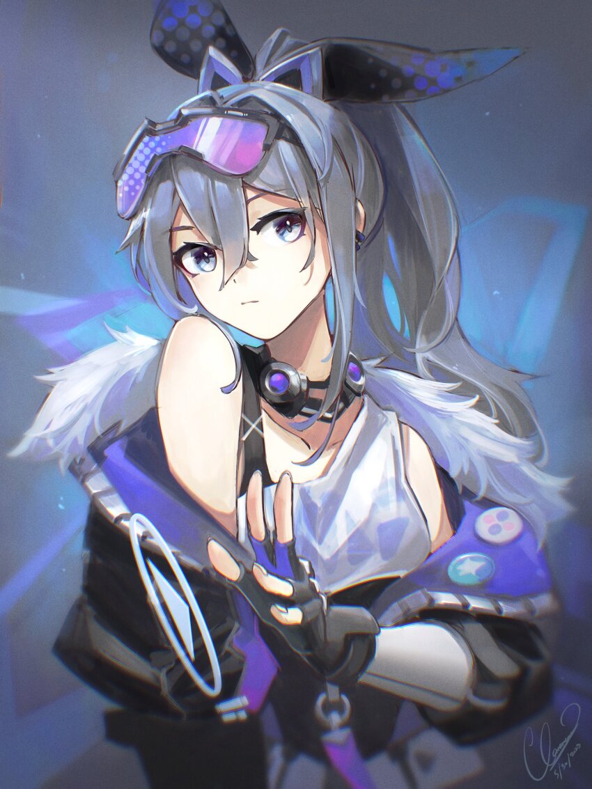 1girl, badge, bare_shoulders, black_bow, black_coat, black_eyes, black_gloves, blurry, bow, breasts, button_badge, clarenceman0605, closed_mouth, coat, dated, depth_of_field, ear_piercing, fingerless_gloves, gloves, goggles, goggles_on_head, grey_hair, hair_between_eyes, hair_bow, highres, honkai:_star_rail, honkai_(series), long_hair, off_shoulder, piercing, ponytail, sidelocks, signature, silver_wolf_(honkai:_star_rail), small_breasts, solo, tank_top, upper_body