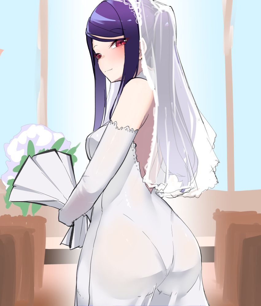 1girl, absurdres, alternate_costume, ass, back, bare_shoulders, blush, bouquet