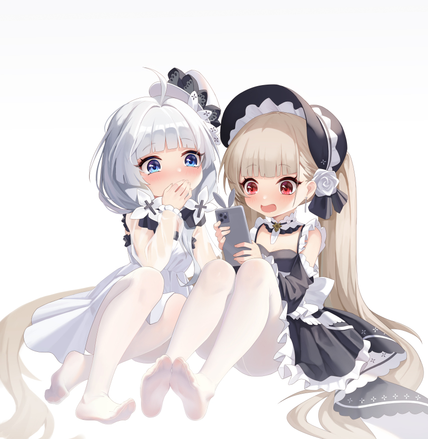 2girls, a_san_san, absurdly_long_hair, absurdres, aged_down, ahoge, azur_lane, black_dress, black_headwear, black_ribbon, blonde_hair, blue_eyes, blush, bonnet, cellphone, chinese_commentary, commentary_request, covering_own_mouth, detached_sleeves, dress, earrings, feet, flower, frilled_dress, frills, gothic_lolita, hair_flower, hair_ornament, hair_ribbon, hat, highres, holding, holding_phone, jewelry, knees_up, little_formidable_(azur_lane), little_illustrious_(azur_lane), lolita_fashion, long_hair, looking_at_phone, mini_hat, multiple_girls, pantyhose, phone, red_eyes, ribbon, rose, see-through_clothes, see-through_sleeves, sitting, smartphone, soles, toes, twintails, very_long_hair, white_dress, white_flower, white_hair, white_headwear, white_pantyhose, white_rose