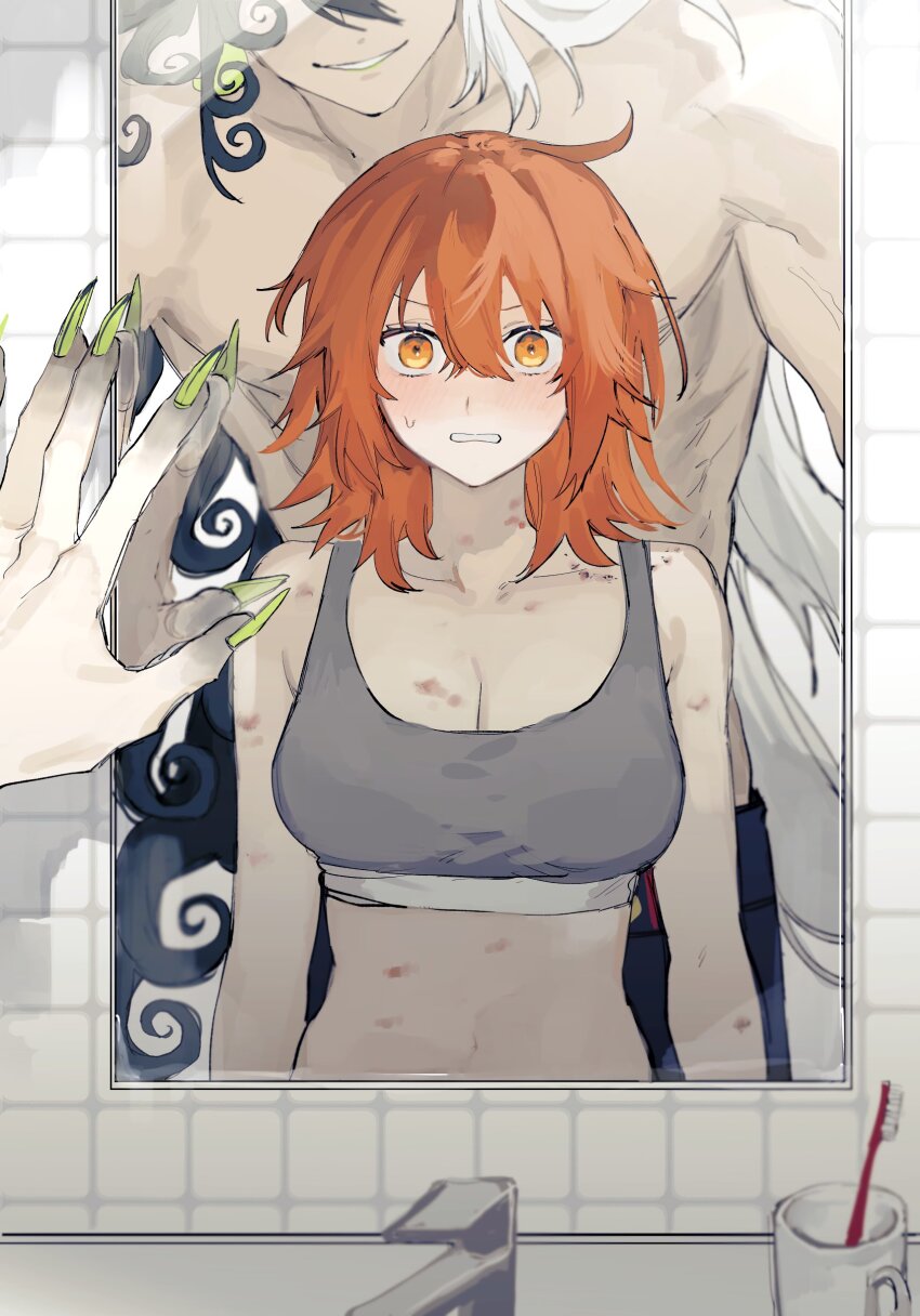 1boy, 1girl, absurdres, aftersex, asamayy01, ashiya_douman_(fate), bare_shoulders, bite_mark, blush, bra, breasts, cleavage, cup, fate/grand_order, fate_(series), fingernails, fujimaru_ritsuka_(female), hickey, highres, implied_after_sex, long_hair, looking_at_viewer, medium_breasts, medium_hair, midriff, mirror, mug, multicolored_hair, muscular, muscular_male, orange_eyes, orange_hair, smile, toilet, toothbrush, two-tone_hair, underwear