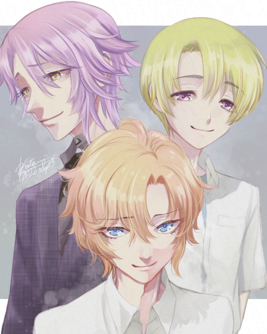3boys, artist_name, blonde_hair, blue_eyes, highres, higurashi_no_naku_koro_ni, higurashi_no_naku_koro_ni_oni, higurashi_no_naku_koro_ni_rei, houjou_satoshi, kimiyoshi_seiji, looking_at_viewer, looking_to_the_side, male_focus, multiple_boys, natsumi_kei, orange_hair, purple_eyes, purple_hair, ryuuguu_kihiro, school_uniform, yellow_eyes