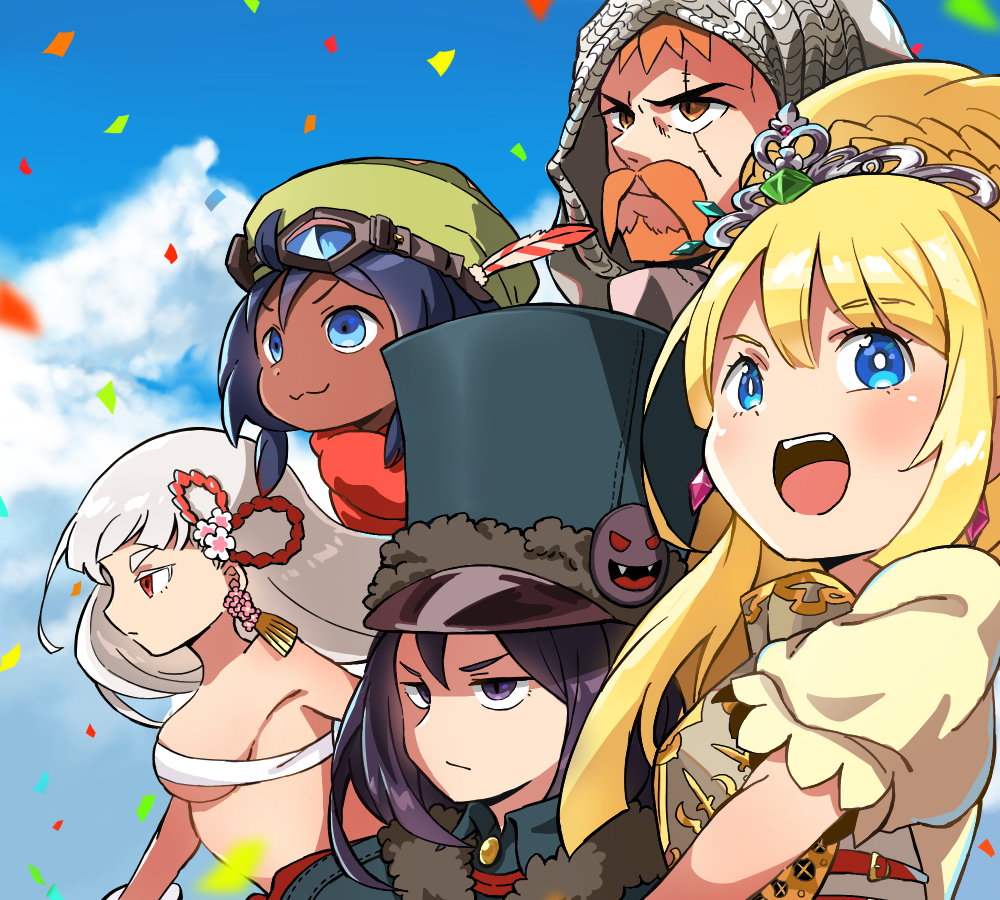 2boys, 3girls, :3, :d, armor, beard, blonde_hair, blue_eyes