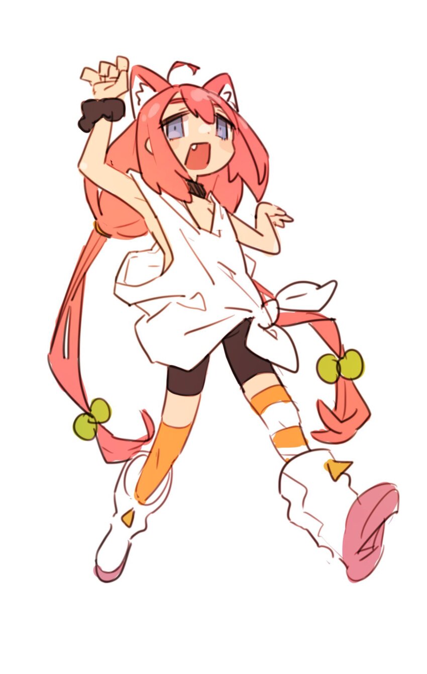 1girl, animal_ears, arms_up, asymmetrical_legwear, bike_shorts, black_collar, blush_stickers, boots, cat_ears, cat_girl, collar, commentary, fang, full_body, grey_eyes, hair_bobbles, hair_ornament, highres, hinata_channel, legs_apart, long_hair, looking_at_viewer, loose_clothes, loose_shirt, low_twintails, mismatched_legwear, nekomiya_hinata, nurui_(3nqyo), open_mouth, orange_thighhighs, pink_hair, scrunchie, shirt, simple_background, sleeveless, sleeveless_shirt, solo, striped_clothes, striped_thighhighs, tareme, thighhighs, tied_shirt, twintails, very_long_hair, virtual_youtuber, white_background, white_boots, white_shirt, wrist_scrunchie