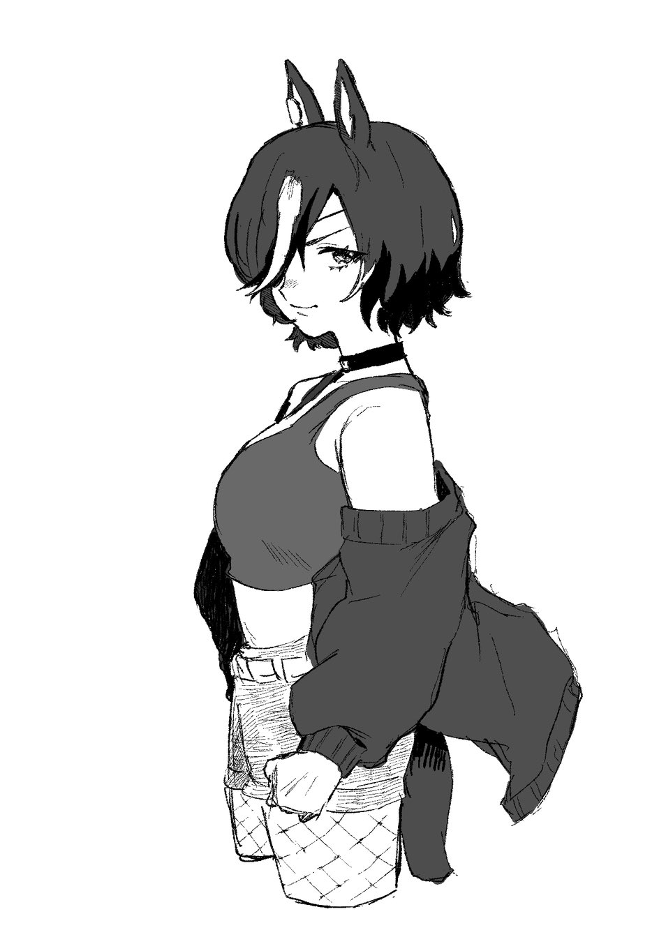1girl, animal_ears, bare_shoulders, choker, commentary_request, crop_top, eyepatch, fishnet_pantyhose