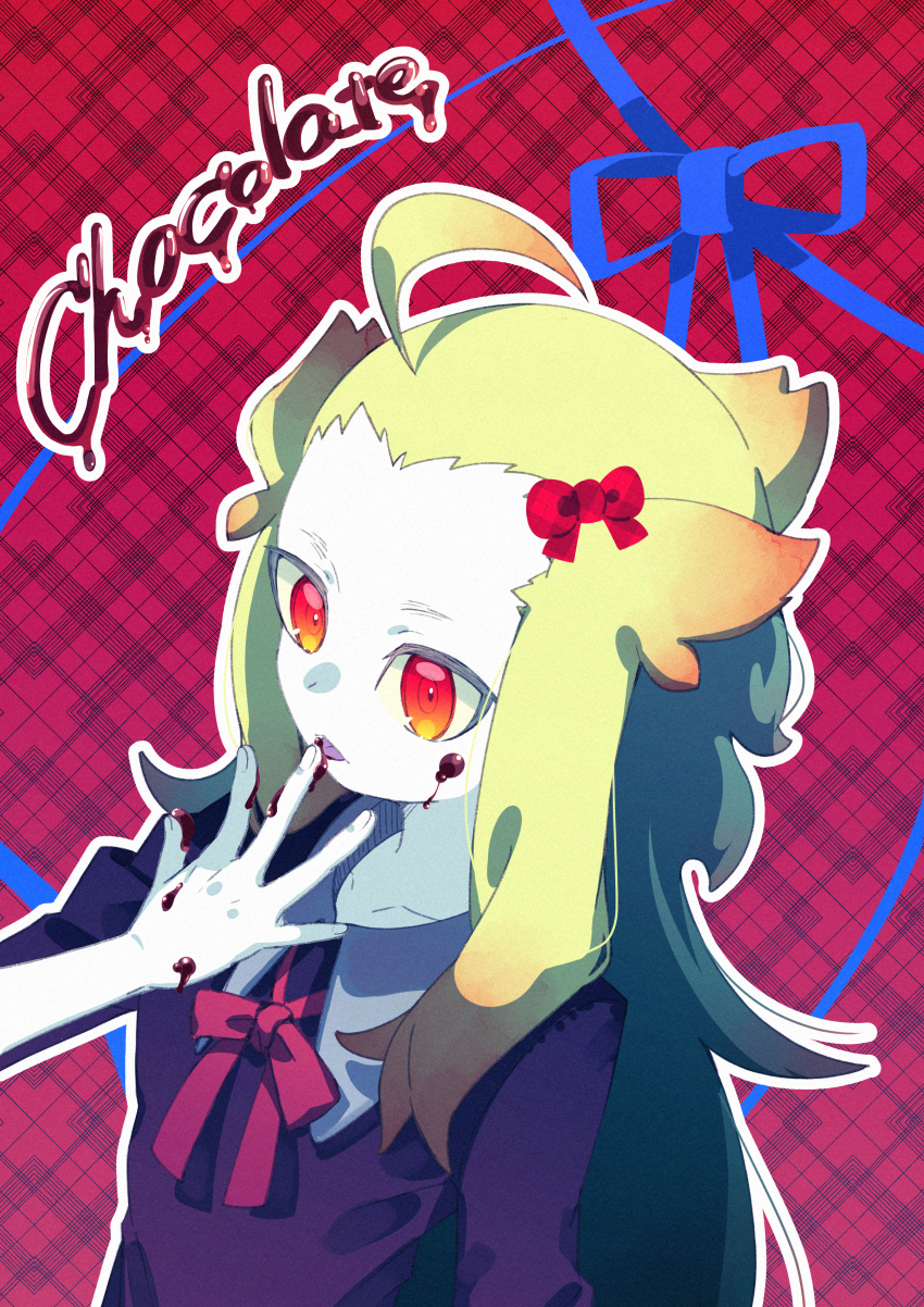 1girl, absurdres, bow, chocolate, chocolate_on_body, collared_shirt, colored_skin, english_text