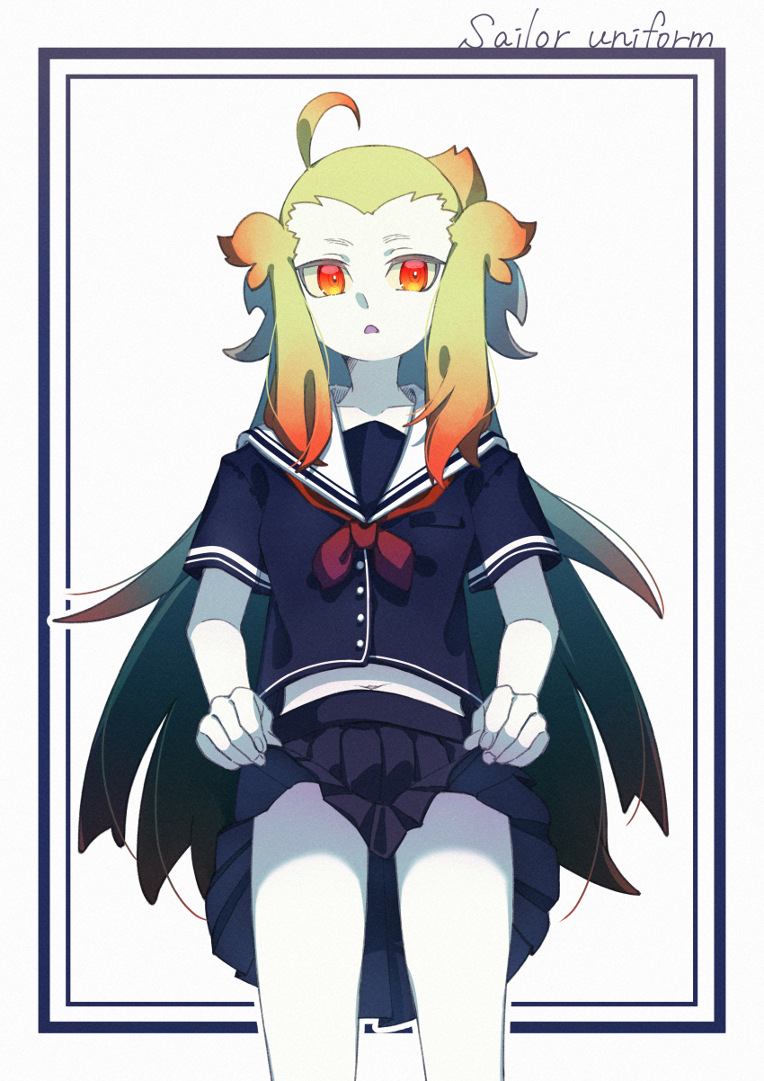 1girl, absurdres, ahoge, bare_legs, clothes_lift, colored_skin, cowboy_shot, etrian_odyssey, gradient_hair, green_hair, highres, kupala_(sekaiju), midriff_peek, miniskirt, multicolored_hair, navel, neckerchief, orange_eyes, orange_hair, pleated_skirt, red_neckerchief, rgbjt, sailor_collar, school_uniform, sekaiju_no_meikyuu, shin_sekaiju_no_meikyuu, short_sleeves, skirt, skirt_lift, solo, white_skin