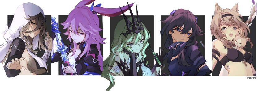 5girls, 8tartt, absurdres, animal, animal_ears, aponia, artist_name, bare_shoulders