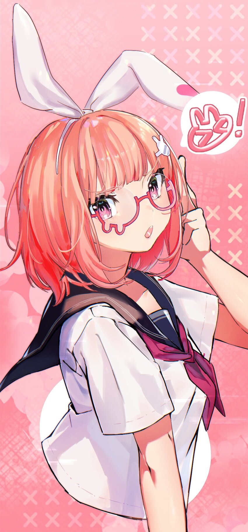 >_<, 1girl, absurdres, adjusting_eyewear, alternate_costume, animal_ears, bespectacled, black_sailor_collar, blunt_bangs, blush, commentary_request, cropped_torso, denonbu, fake_animal_ears, glasses, hair_ornament, hairband, hakusai_(ann_ali_li), hand_up, highres, looking_at_viewer, neckerchief, open_mouth, pink_background, pink_eyes, pink_hair, rabbit_ears, rabbit_hair_ornament, red_neckerchief, sailor_collar, sakurano_mimito, semi-rimless_eyewear, shirt, short_hair, short_sleeves, solo, upper_body, white_hairband, white_shirt