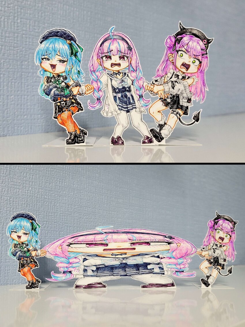 3girls, absurdres, ahoge, black_skirt, blue_hair, braid, comic, commentary