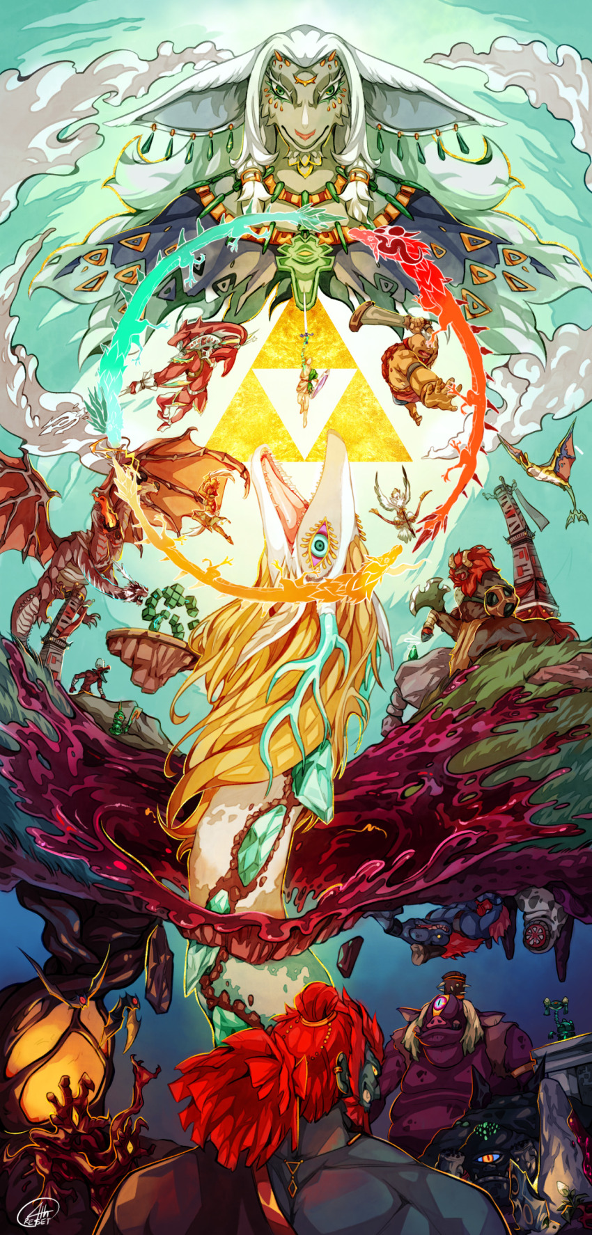 4threset, absurdres, aerocuda, archaic_set_(zelda), beard, dark-skinned_male, dark_skin, dinraal, dragon, facial_hair, farosh, floating_island, flux_construct, frox, ganondorf, gerudo, gleeok, gloom_spawn, highres, hinox, horriblin, keese, light_dragon_(zelda), like_like, link, lynel, master_sword, moblin, multiple_heads, naydra, nintendo, outstretched_arms, rauru_(tears_of_the_kingdom), red_hair, riju, rito, sidon, soldier_construct, spoilers, steward_construct, stone_talus, sword, the_legend_of_zelda, the_legend_of_zelda:_tears_of_the_kingdom, tower, triforce, tulin_(zelda), weapon, yunobo, zora