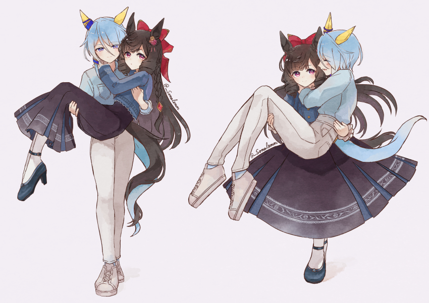 2girls, absurdres, alternate_costume, animal_ears, black_skirt, blue_footwear, blue_hair, blush