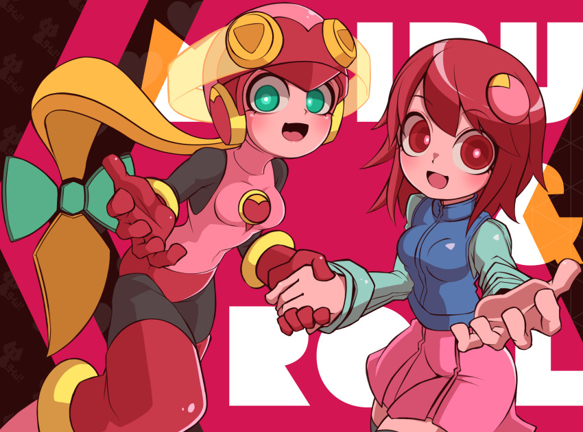 2girls, :d, absurdres, aqua_bow, aqua_eyes, aqua_shirt, black_bodysuit, blonde_hair, blue_vest, bodysuit, bodysuit_under_clothes, bow, breasts, bright_pupils, character_name, grey_thighhighs, hair_bow, heattech_leotard, helmet, highres, holding_hands, leotard, long_hair, long_sleeves, looking_at_viewer, low-tied_long_hair, mayl_sakurai_(mega_man), medium_hair, mega_man_(series), mega_man_battle_network, mega_man_battle_network_(series), miniskirt, multiple_girls, open_mouth, pink_skirt, red_eyes, red_hair, roll.exe_(mega_man), sakumochi_(pixiv4431677), shirt, skirt, small_breasts, smile, thighhighs, turtleneck, very_long_hair, vest, white_pupils, zettai_ryouiki