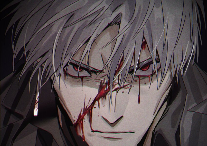 1boy, black_background, blood, blood_on_face, bloody_tears, chromatic_aberration, closed_mouth, earrings