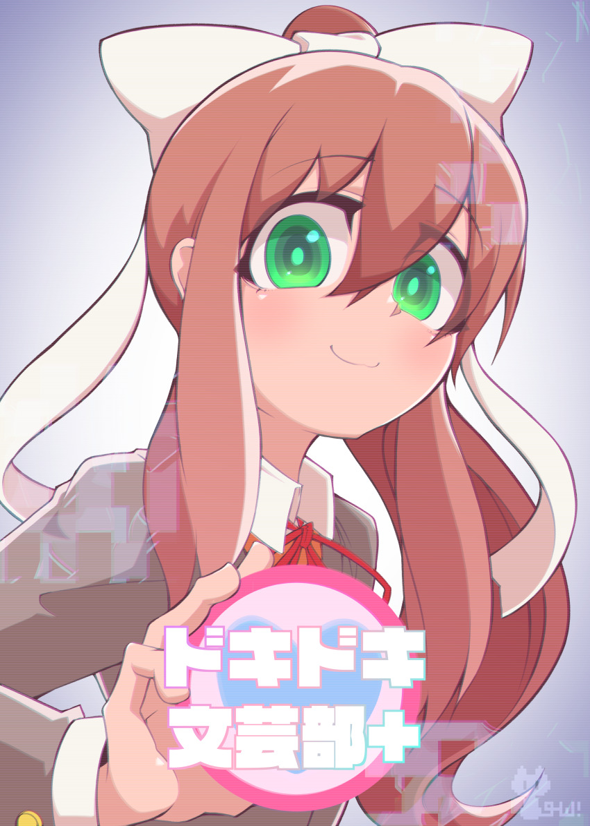 1girl, :3, absurdres, aqua_pupils, bow, brown_hair, chromatic_aberration, closed_mouth