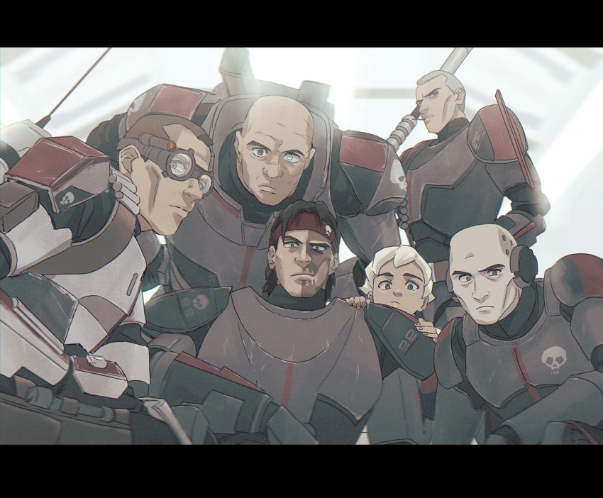 0109_(artist), 1girl, 5boys, age_difference, animification, armor, backpack, bag, bald, bandana, beam_rifle, body_armor, child, clone_trooper, commentary_request, crosshairs_(star_wars), cyborg, echo_(star_wars), energy_gun, facial_mark, goggles, gun, hallway, headgear, helmet, hunter_(star_wars), kamino_(planet), laboratory, light, looking_at_viewer, multiple_boys, omega_(star_wars), radio_antenna, rifle, science_fiction, size_difference, sketch, skull, sniper_rifle, star_wars, star_wars:_the_bad_batch, star_wars:_the_clone_wars_(2008_tv_series), tech_(star_wars), unworn_headwear, unworn_helmet, weapon, wrecker_(star_wars)