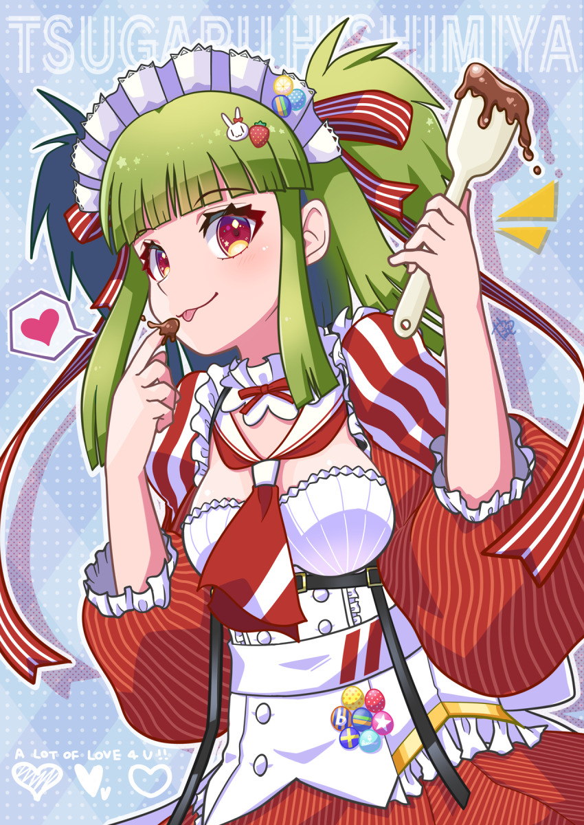 1girl, badge, beatmania_iidx, beatmania_iidx_28_bistrover, belt, bemani, blunt_bangs, breasts