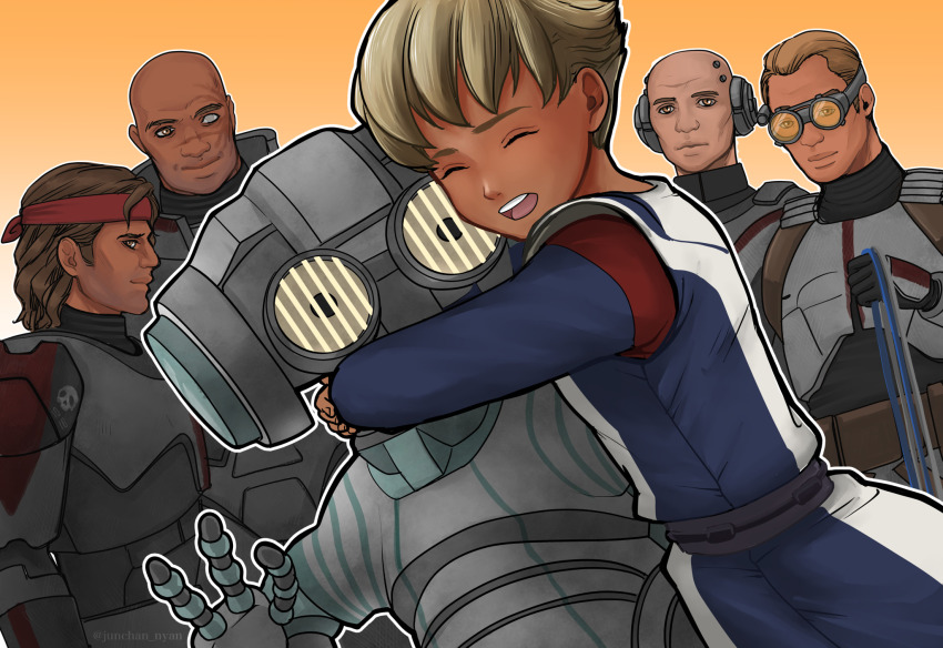 1girl, 5boys, age_difference, animification, armor, azi-3, backpack, bag