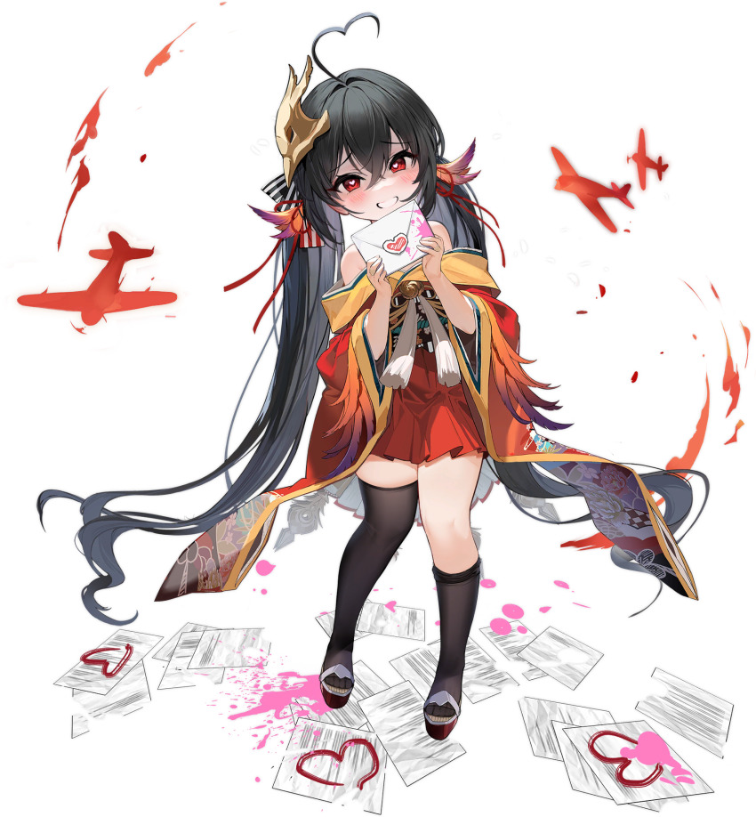 1girl, aircraft, artist_request, asymmetrical_legwear, azur_lane, bare_shoulders, black_hair, black_thighhighs