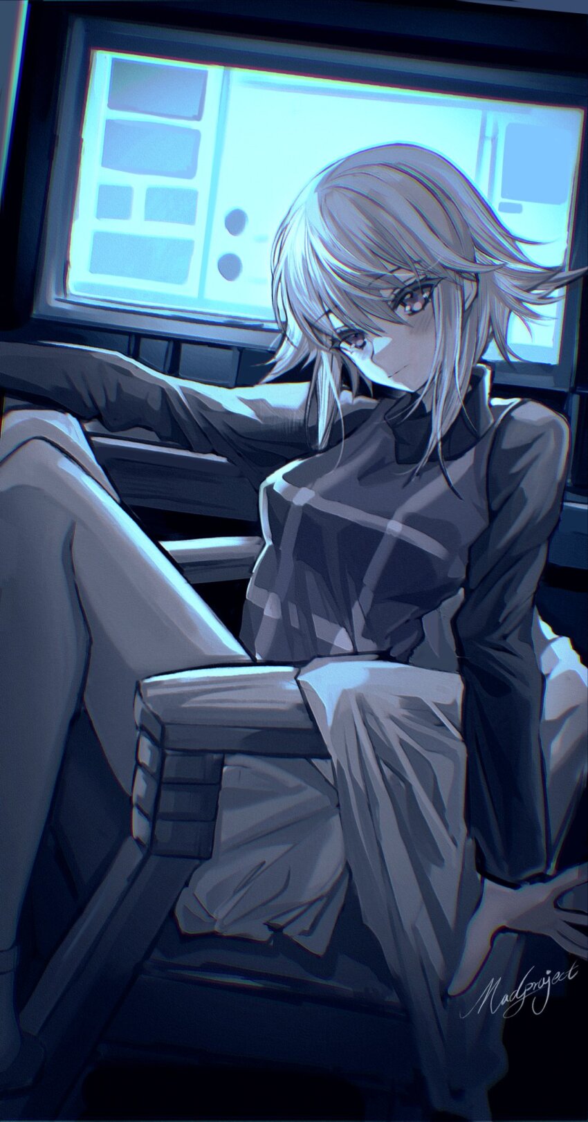 1girl, :|, arm_up, black_shirt, blanket, blonde_hair, blush, chair