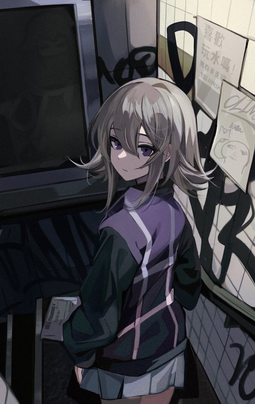 arm_at_side, black_sweater, bloom, closed_mouth, cowboy_shot, expressionless, floor, from_above