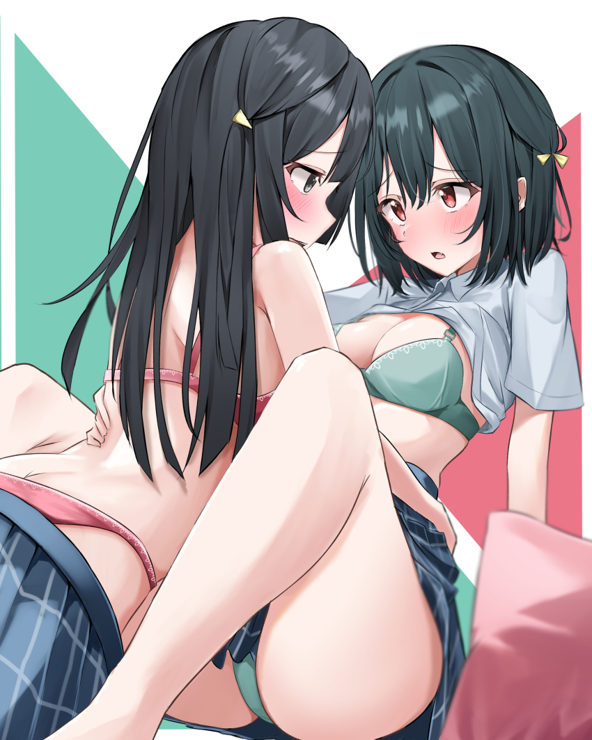 2girls, absurdres, arm_at_side, ass, bare_arms, bare_legs, bare_shoulders, black_hair, blue_skirt, blurry, blurry_foreground, blush, bra, breasts, butt_crack, cleavage, clothes_lift, clothes_pull, collared_shirt, commentary_request, commission, depth_of_field, eye_contact, face-to-face, fang, feet_out_of_frame, green_background, green_bra, green_eyes, green_panties, grey_shirt, hair_between_eyes, hair_ornament, hair_ribbon, hand_on_another's_waist, highres, knees_up, leaning_back, leaning_forward, leaning_on_person, long_hair, looking_at_another, love_live!, love_live!_nijigasaki_high_school_idol_club, lowlight1010, medium_breasts, mifune_shioriko, miniskirt, multicolored_background, multiple_girls, nijigasaki_school_uniform, no_shirt, no_shoes, panties, parted_lips, pillow, pixiv_commission, plaid_clothes, plaid_skirt, raised_eyebrows, red_background, red_bra, red_eyes, red_panties, ribbon, school_uniform, shirt, shirt_lift, short_hair, short_sleeves, sitting, skirt, skirt_pull, strap_gap, teeth, underwear, upper_teeth_only, upskirt, white_background, yellow_ribbon, yuki_setsuna, yuri