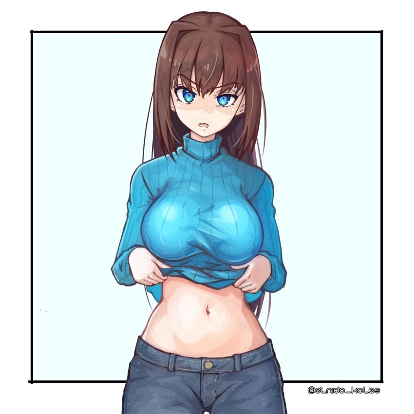 1girl, annoyed, aozaki_aoko, blue_eyes, blue_sweater, breasts, brown_hair, clothes_lift, commentary, denim, disgust, hair_intakes, highres, jeans, kore_(kore), large_breasts, long_hair, mahou_tsukai_no_yoru, navel, pants, shirt_lift, simple_background, solo, stomach, sweater, turtleneck, turtleneck_sweater, twitter_username, type-moon