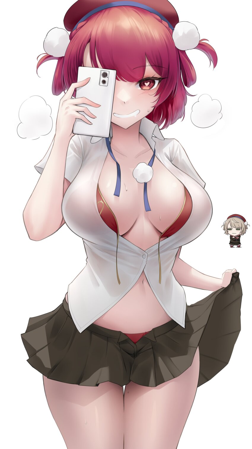 2girls, absurdres, beret, bikini, bikini_under_clothes, black_skirt, breasts, breasts_apart, cellphone, chibi, clothes_lift, cosplay, hat, heart, heart-shaped_pupils, highres, holding, holding_phone, hololive, houshou_marine, indie_virtual_youtuber, large_breasts, lifting_own_clothes, miniskirt, multiple_girls, navel, open_clothes, phone, pleated_skirt, pom_pom_(clothes), red_bikini, red_eyes, red_hair, red_headwear, selfie, shigure_ui_(vtuber), shigure_ui_(vtuber)_(cosplay), shirt, short_hair, skirt, skirt_lift, smartphone, solo_focus, somebody_(leiking00), swimsuit, symbol-shaped_pupils, thighs, untied_bikini, virtual_youtuber, white_shirt
