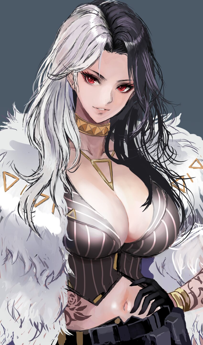 1girl, absurdres, black_gloves, black_hair, black_shorts, breasts, cleavage, fur_sleeves
