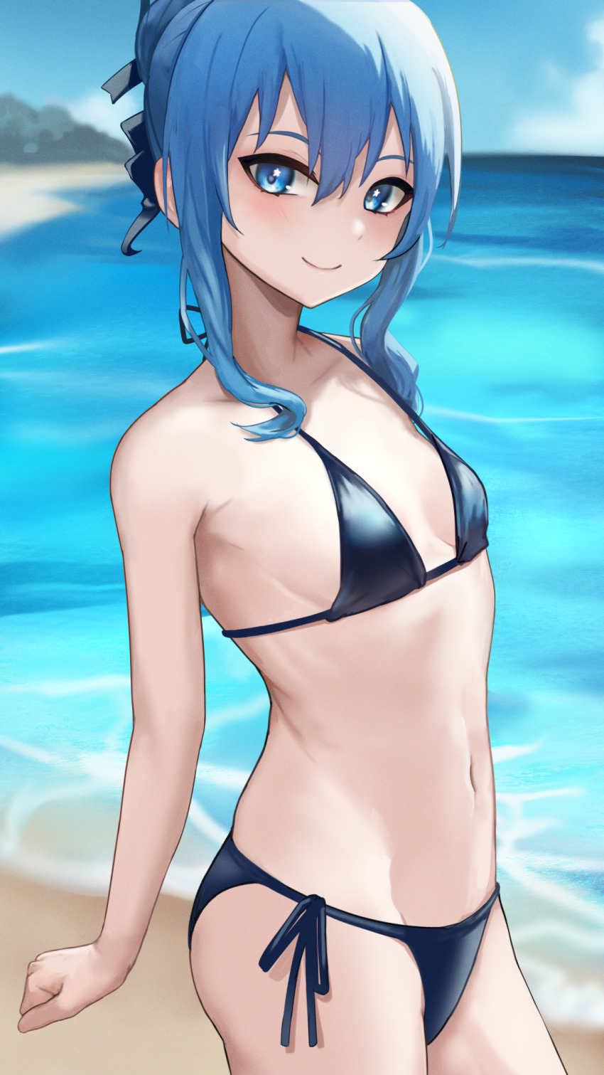 1girl, alternate_hairstyle, beach, bikini, black_bikini, blue_eyes, blue_hair, blue_sky, breasts, closed_mouth, cloud, day, hair_bun, highres, hololive, hoshimachi_suisei, navel, numaduke, ocean, outdoors, side-tie_bikini_bottom, sidelocks, sky, small_breasts, smile, solo, star_(symbol), star_in_eye, stomach, strap_gap, swimsuit, symbol_in_eye, virtual_youtuber