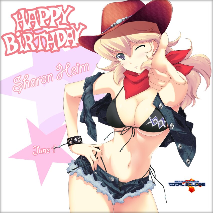 1girl, absurdres, bandana, bikini, black_bikini, black_shorts, black_vest, bracelet, brown_hat, character_name, copyright_name, cowboy_hat, finger_gun, grey_eyes, hair_between_eyes, hand_on_own_hip, happy_birthday, hat, head_tilt, highres, jewelry, logo, long_hair, looking_at_viewer, miyata_sou, muv-luv, muv-luv_alternative, muv-luv_total_eclipse, navel, official_art, one_eye_closed, open_clothes, open_shorts, parted_lips, red_bandana, sharon_heim, short_shorts, shorts, swimsuit, vest