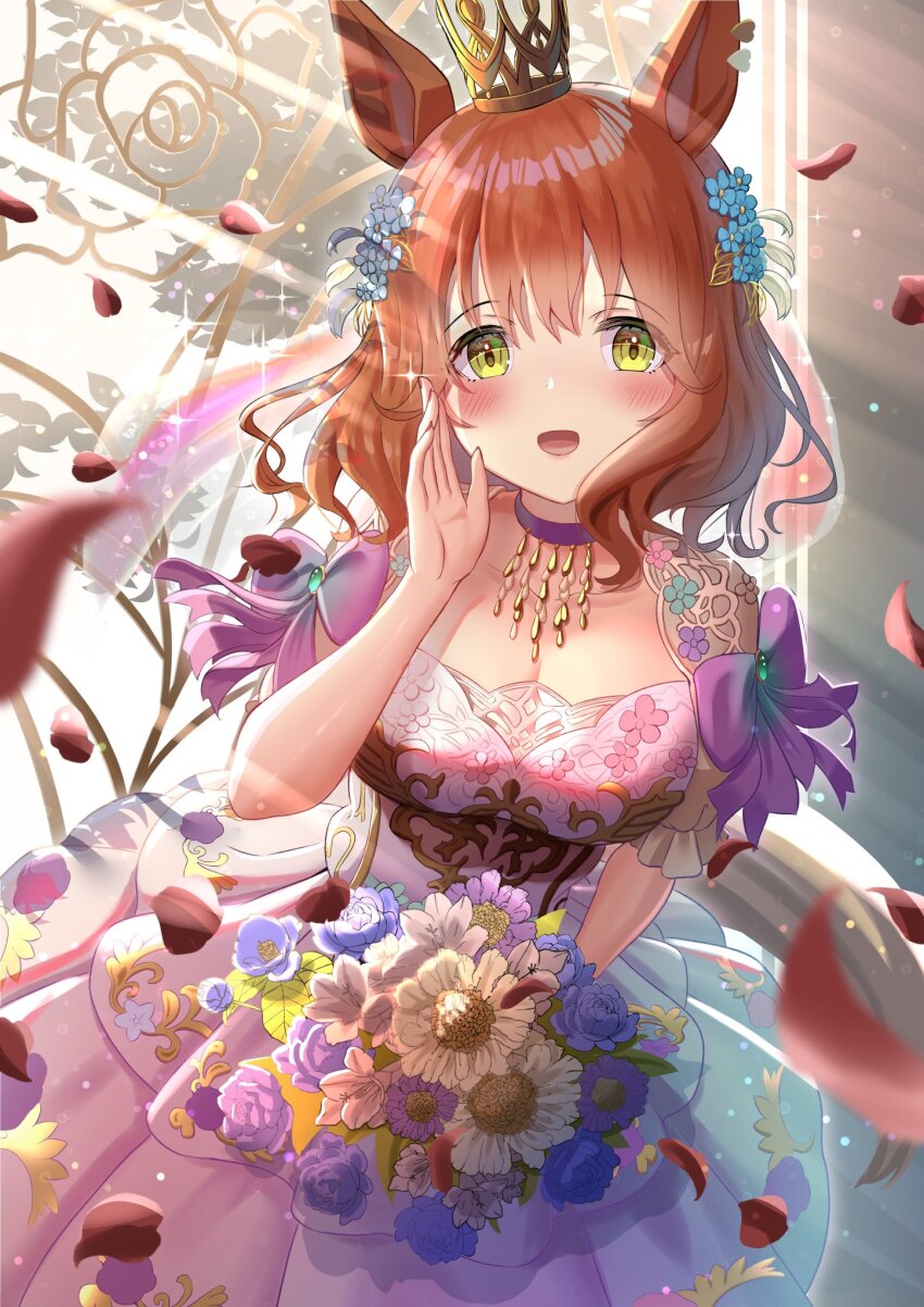 alternate_costume, animal_ears, aston_machan_(haute_couture_memory)_(umamusume), aston_machan_(umamusume), blush, breasts, collarbone, commentary_request, crown, dress, flower, flower_wreath, green_eyes, hair_between_eyes, hair_flower, hair_ornament, highres, horse_ears, horse_girl, horse_tail, jewelry, lens_flare, looking_at_viewer, medium_breasts, medium_hair, necklace, petals, tail, umamusume, wanderlucia, wedding_dress, window