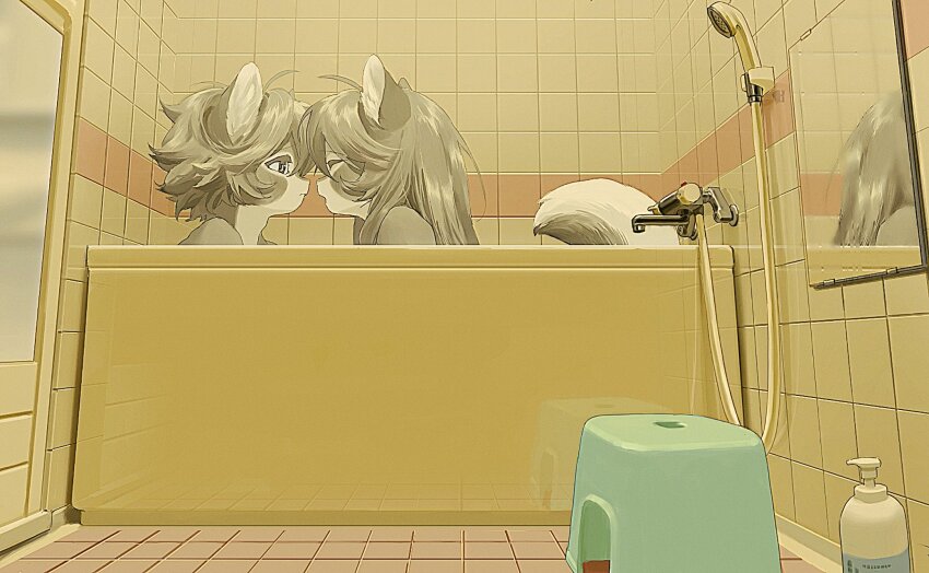 1boy, 1girl, animal_ears, bath_stool, bathroom, bathtub, blue_eyes, cat_boy, cat_ears, cat_girl, closed_eyes, couple, face-to-face, from_side, furry, furry_female, furry_male, furry_with_furry, grey_hair, hetero, highres, imminent_kiss, indoors, leaning_forward, mayumochini, mirror, original, profile, reflection, shower_head, stool, tile_floor, tile_wall, tiles