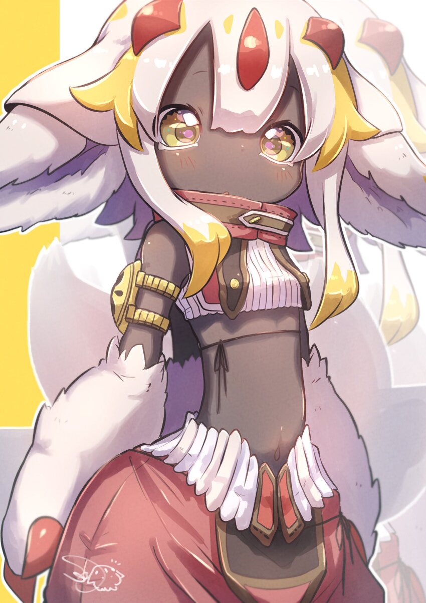 1girl, :o, alternate_costume, bandam, black_skin, blonde_hair, blush, claws, colored_skin, crop_top, extra_arms, faputa, female_focus, green_eyes, high_collar, highres, made_in_abyss, monster_girl, multicolored_hair, multiple_tails, navel, pants, sidelocks, signature, sleeveless, solo, tail, white_fur, white_hair