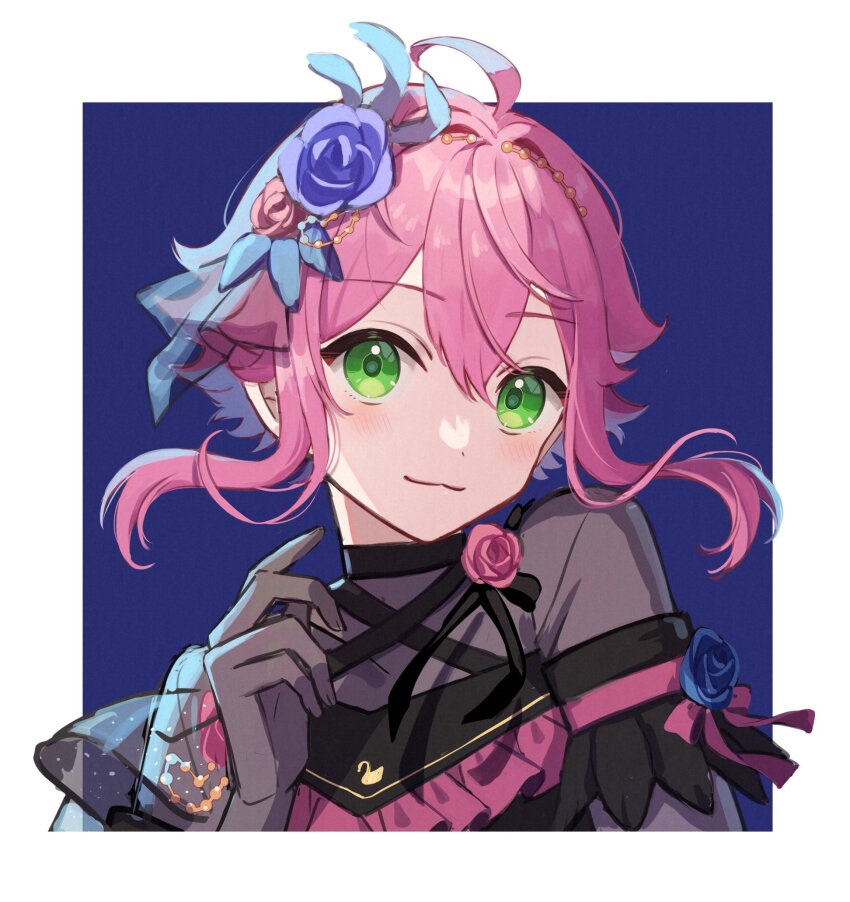 1boy, :3, ahoge, androgynous, black_shirt, blue_background, blue_flower, blue_rose