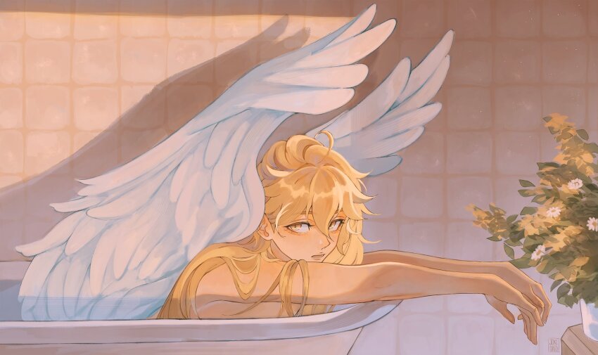 1boy, aether_(genshin_impact), ahoge, androgynous, angel, angel_wings, bathtub, bishounen, blonde_hair, feathered_wings, flower, genshin_impact, hair_down, highres, jokemato, leaf, long_hair, male_focus, plant, potted_plant, solo, topless_male, white_flower, white_wings, wings, yellow_eyes