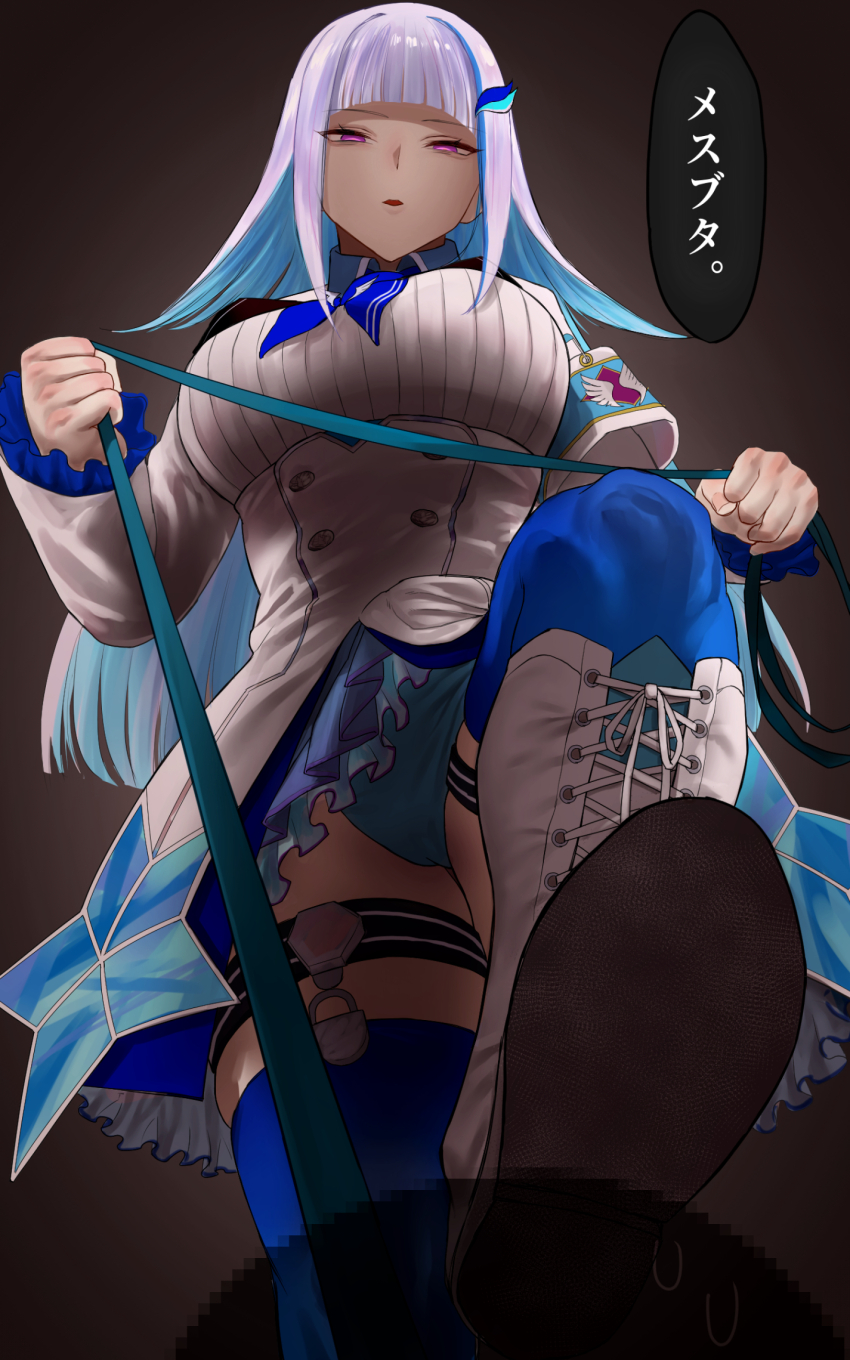 boots, breasts, cameltoe, femdom, from_below, highres, ike_(pixiv87705047), large_breasts, lize_helesta, lize_helesta_(1st_costume), nijisanji, purple_eyes, translation_request, upskirt, virtual_youtuber