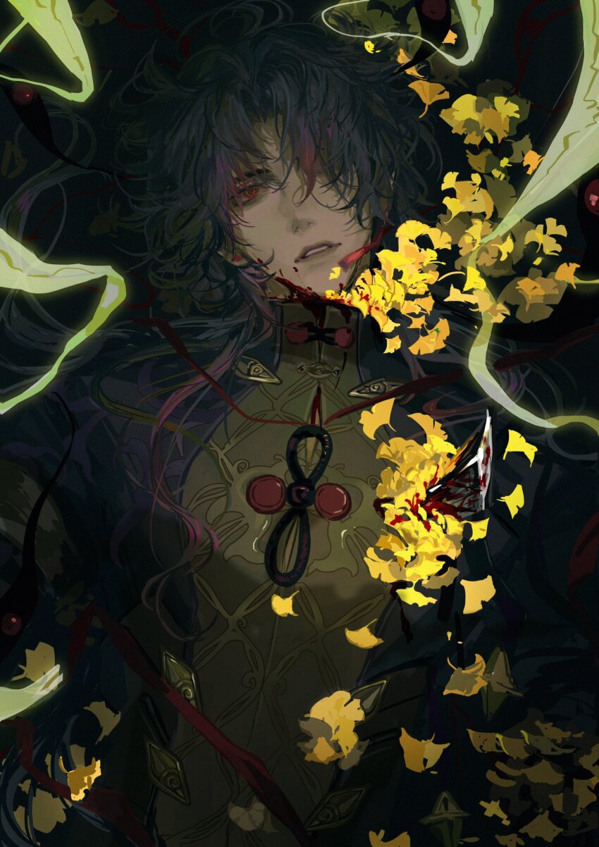 1boy, black_hair, black_jacket, blade_(honkai:_star_rail), chinese_clothes, flower, hair_over_one_eye, head_tilt