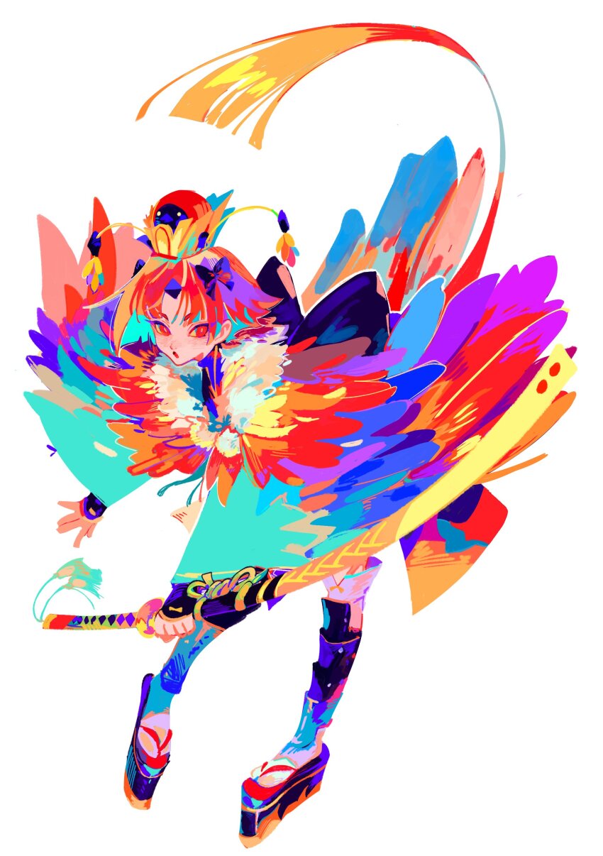 1girl, absurdres, beni-enma, epaya_hakase, fate/grand_order, fate_(series), feather_trim, hat, highres, holding, holding_sword, holding_weapon, katana, long_hair, platform_footwear, red_eyes, red_hair, sheath, sheathed, sword, thighhighs, weapon, white_background, wide_sleeves