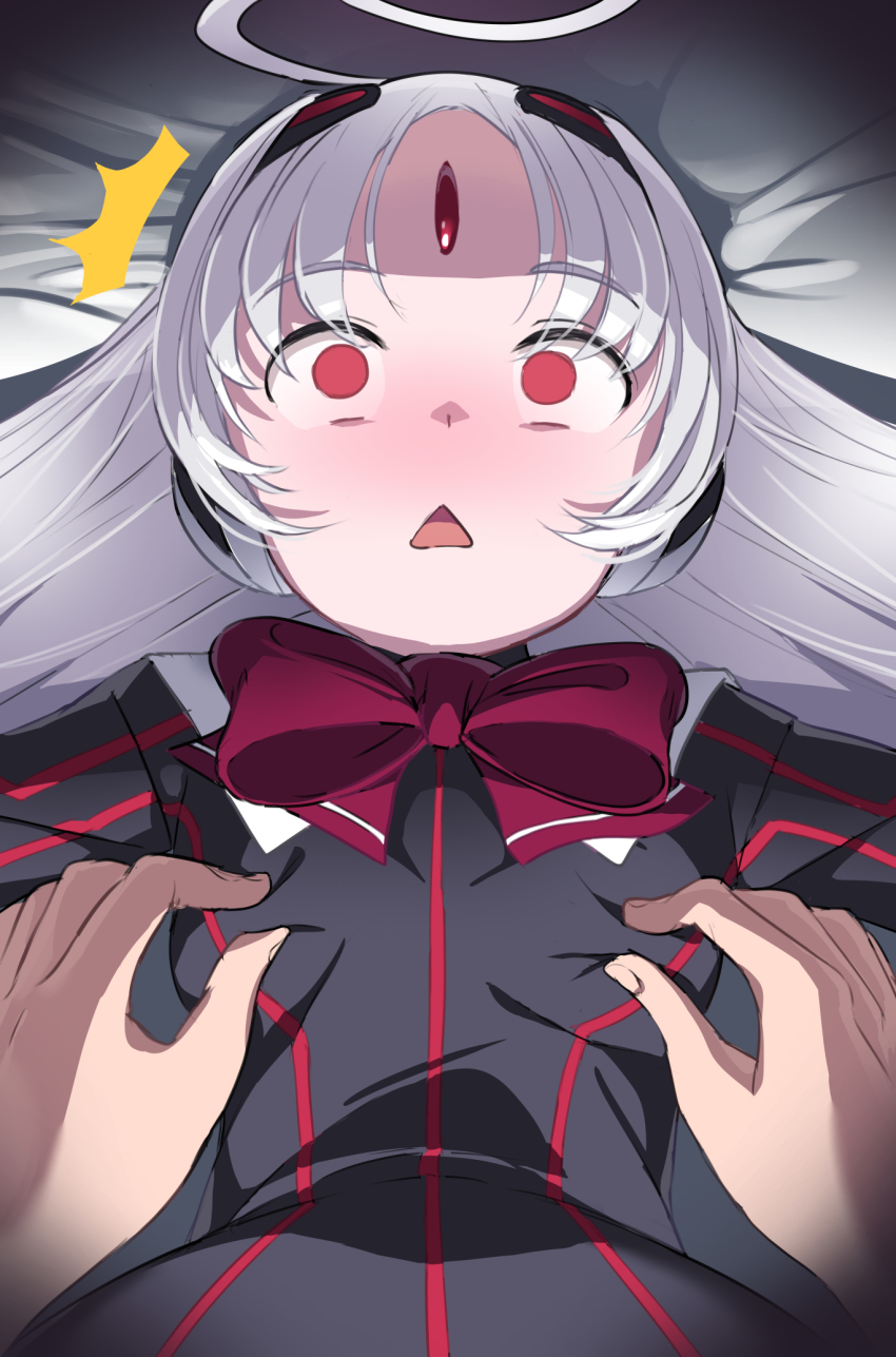 1girl, ahoge, blush, bow, breasts, commentary_request, dress, empty_eyes, forehead_jewel, highres, huge_ahoge, long_hair, nipple_stimulation, nipple_tweak, open_mouth, red_eyes, small_breasts, surprised, touniyuu, triangle_mouth, under_night_in-birth, upper_body, vatista_(under_night_in-birth), white_hair