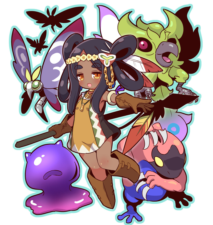 1girl, :d, bare_shoulders, beast_king_(sekaiju), beast_king_5_(sekaiju), blue_outline, blush, boots